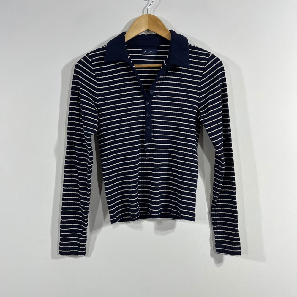 Gap Fisherman Preppy Ribbed Stripe Old Money Polo Shirt Navy Womens Small Boho